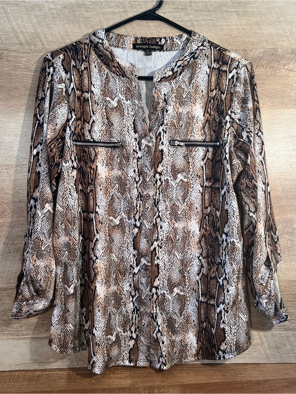 Always Indigo Brown Snake-Print Split V Blouse Tab Sleeves